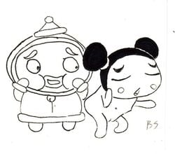 1boy 1girls cartoony clothed_male_nude_female female male monochrome nude_female pucca pucca_(franchise) santa_claus sketch straight tagme