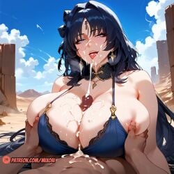 1boy1girl ai_generated bbc big_breasts black_hair cum cum_on_breasts cum_on_face curvy dark-skinned_male light-skinned_female naughty_face paizuri patreon pov titjob wuthering_waves yangyang_(wuthering_waves)