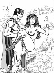 1boy 1girls big_breasts boots bottomless_male breasts dc_comics female in_the_air justice_league lino_viapiano male monochrome naked_female nipples sex straight superman superman_(series) tagme tiara vaginal_penetration wonder_woman wonder_woman_(series)