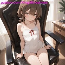 ai_generated brown_hair cute king_great oc short_hair sitting small_body small_breasts smaller_female white_gown young