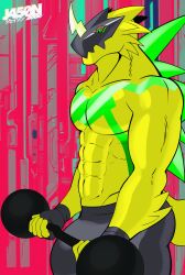 animated anthro athletic bandai_namco bara barazoku bottomwear bulge bulkmon clothing digimon digimon_(species) exercise flexing gym hi_res j450n2080 male male_only muscular pants pulsing short_playtime solo sweatpants throbbing workout