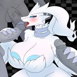 anthro areola areola_slip big_breasts black_background blue_eyes blue_nipples blush breasts checkered checkered_background collar female foursome fur fur_covering_nipples generation_5_pokemon genitals grey_body grey_skin group group_sex hand_on_head handjob heart_eyes heart_symbol hi_res humanoid humanoid_genitalia humanoid_penis legendary_pokemon male male/female nintendo nipple_outline nipples open_mouth pattern_background penile penis pokemon pokemon_(species) punch_pubby red_tongue reshiram sex silver_(metal) silver_collar simple_background tongue tongue_out vein veiny_penis white_body white_fur