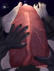 anthro big_penis bodily_fluids claws cum dialogue english_text feet first_person_view genital_fluids genitals hi_res huge_cock hyper hyper_genitalia hyper_penis ireonixhellcat macro male pawpads paws penis pubes solo space text toe_claws vein veiny_penis