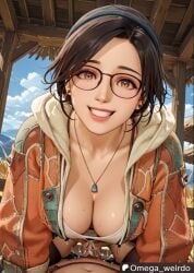 1girl1boy ai_generated alma_(monster_hunter_wilds) big_breasts black_hair brown_eyes cleavage earrings female glasses headband jacket looking_at_partner looking_at_viewer monster_hunter monster_hunter_wilds necklace omega_weirdo outdoor_sex outdoors patreon pov pov_male pussy_juice sex smile smiling smiling_at_viewer straddling