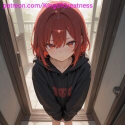 ai_generated black_shirt cute cute_face king_great oc red_hair short_hair sweat young younger_female