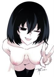 1girls black_eyes black_hair black_thighhighs bob_cut breasts collarbone cute_fang dated hair_between_eyes monogatari_(series) navel nipples nude open_mouth oshino_ougi pale_skin short_hair signature simple_background smile solo th_whitespace thighhighs thighs v white_background wink