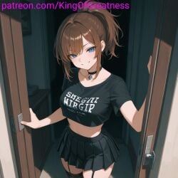 ai_generated black_shirt black_skirt blue_eyes brown_hair choker crop_top grin king_great oc ponytail skirt stockings