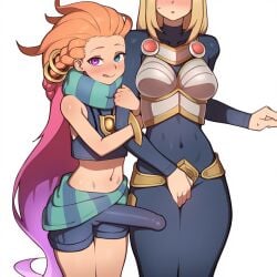 1futa 1girls :p ai_generated armor belly big_penis blonde_hair blue_bodysuit blue_eyes blush bodysuit braided_hair bulge ccgai clothing crop_top erect_penis erection_under_clothes faceless_female futa_focus futa_with_female futanari gradient_hair hair_ornament heterochromia hugging hugging_another jewelry league_of_legends light-skinned_female light_skin luxanna_crownguard medium_hair multicolored_hair novelai orange_hair petite petite_body petite_futanari pink_hair purple_eyes purple_hair riot_games scarf shorts size_difference taller_girl thighs very_long_hair wide_hips zoe_(league_of_legends)