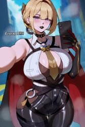 ai_generated athletic_female blonde_hair evelyn_chevalier evilkuro05 hoyoverse massive_breasts selfie smartphone voluptuous_female zenless_zone_zero