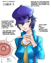 atlus blue_hair dialogue fpunsamm impregnation persona persona_4 positive_pregnancy_test pregnancy_progression pregnancy_test pregnant shirogane_naoto short_hair text tomboy x-ray