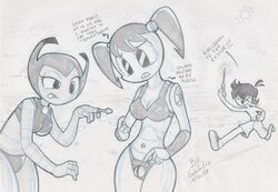 00s 1boy 2000s 2008 2girls alternate_breast_size black_and_white cleavage garabatoz jenny_wakeman my_life_as_a_teenage_robot robot sheldon_lee smooth_skin vega_(mlaatr) xj-9