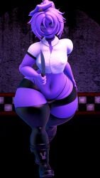 1boy 1femboy 3d 3d_(artwork) 3d_model 3d_render barely_clothed clothed clothing femboy five_nights_at_freddy's knife mishuyuu mr_filmax purple_guy_(fnaf) purple_hair purple_skin solo thick_thighs william_afton