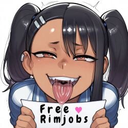 ai_generated brown_hair close-up dark-skinned_female drooling face_focus female free_rimjob hayase_nagatoro kuriva motion_lines please_don't_bully_me,_nagatoro provocative public_use rimjob rimming saliva saliva_drip saliva_trail sassy school_uniform seductive seductive_eyes seductive_look sign simple_background smug solo teasing teasing_viewer text tongue tongue_out twintails white_background