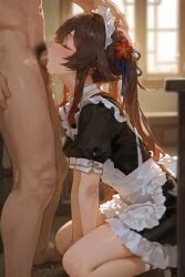 ai_generated blowjob clowenqq cock_hungry cum_in_mouth deepthroat fellatio genshin_impact hoyoverse hu_tao_(genshin_impact) maid maid_uniform mouth_full_of_cock saliva_on_penis servant