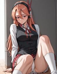 ai_generated akame_ga_kill! blue_panties chelsea_(akame_ga_kill!) female female_focus female_only long_hair miniskirt orange_hair pantyshot red_eyes skirt tired_eyes zelanell