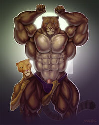 2011 abs anthro armpit_hair armpits arms_above_head barefoot beefcake biceps big_muscles blush bodybuilder bulge caressing clothed clothing duo eye_contact feline female fist from_behind grasp grin grope half-dressed herc_the_liger huge_muscles hybrid kneeling liger mainlion male male_focus mammal manly muscles nanette_the_liger navel nipples pecs penis piercing pose presenting raised_arm ripped shadow shiny smile speedo spread_legs standing straight stripes submissive swimsuit toned underwear vein veiny_penis