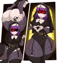 2025 ass_grab big_ass big_breasts big_thighs colored digital_art doll_(murder_drones) female female_focus female_only garter_belt gigantic_ass gigantic_thighs glitch_productions kayl long_hair murder_drones nun nun_hat nun_outfit purple_hair red_eyes soviet_flag