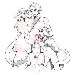 1boy 3girls ass ayaqerb fangs female long_tongue male monster_girl sketch tonguejob