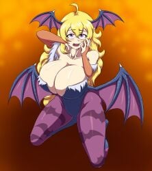 1girls 2018 big_breasts blonde_hair bosomancer breasts cosplay darkstalkers female female_only head_wings huge_breasts large_breasts long_hair morrigan_aensland_(cosplay) on_knees rwby wings yang_xiao_long