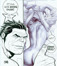 1boy 1girls ass avengers breasts dialogue female frank_cho hulk hulk_(series) male male/female marvel marvel_comics monochrome she-hulk sideboob speech_bubble thumbs_up undressing voyeurism