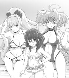 3girls ahoge big_breasts bikini blush breasts cagliostro_(symphogear) choker closed_mouth collarbone glasses greyscale grin hand_on_hip koizumi_akira long_hair looking_at_viewer medium_breasts multiple_girls prelati_(symphogear) saint-germain_(symphogear) senki_zesshou_symphogear short_hair small_breasts smile swimsuit