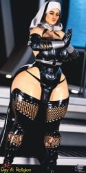1girls 3d big_breasts blue_eyes breasts female fishnets habit huge_hips leather leather_clothing mass_effect miranda_lawson nun nun_outfit semper_jack solo thick_thighs thong thong_straps wide_hips