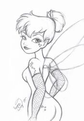 1girls 2000s 2005 ass cutie_mark disney disney_fairies enigmawing fairy fairy_wings fishnets greyscale monochrome peter_pan_(1953_film) peter_pan_(disney) rough_sketch solo tagme tinker_bell