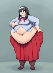 akiha_tohno bbw belly_overhang big_belly black_hair blue_eyes breast_envy fat fat_female female hand_on_breast hand_on_hip huge_ass huge_belly lamosca99 round_face small_breasts tight_clothing tight_fit tohno_akiha tsukihime wardrobe_malfunction wide_hips