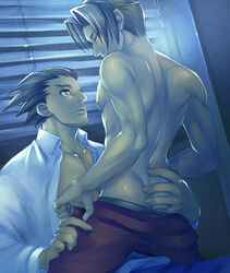 2boys ass gay gyakuten_saiban male male_only miles_edgeworth multiple_boys naruhodou_ryuuichi narumistu open_clothes open_shirt shirt topless undressing wrightworth yaoi