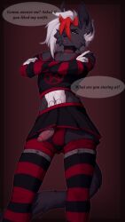 absurd_res anthro armwear asking_viewer blackjack_(devilcatjack) bottomwear cheek_tuft choker clothing crop_top cross demon dialogue domestic_cat elbow_gloves english_text facial_tuft felid felid_demon feline felis femboy fishnet_clothing genitals gloves handwear hi_res horn inverted_cross jewelry legwear looking_at_viewer male mammal necklace occult_symbol penis penis_poking_out pentagram pubic_tattoo shirt skirt solo straps symbol tattoo text thigh_highs topwear tuft underwear wardrobe_malfunction xintro