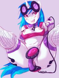 anthro eyewear female female_only friendship_is_magic glasses masturbation mlpfwb my_little_pony nipple_piercing nipples piercing pussy pussy_juice red_eyes solo stockings tongue tongue_out vinyl_scratch_(mlp) walkman