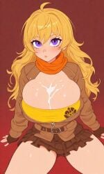 1girls ahoge ai_generated belt blonde_hair brown_jacket bursting_breasts cum cum_in_cleavage cum_on_breasts cum_pool fingerless_gloves flat_colors freckles freckles_on_breasts freckles_on_face freckles_on_thighs huge_breasts insignia jacket kosine1777 long_sleeves orange_scarf purple_eyes rooster_teeth rwby scarf sitting skirt tube_top tubetop vale_outfit viewed_from_above yang_xiao_long yang_xiao_long_(vale) yellow_tubetop