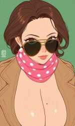 1girls ai_generated aviator_sunglasses betty_(kosine1777) brown_hair cleavage female flat_colors heart huge_breasts kosine1777 kosineverse looking_over_eyewear looking_over_sunglasses mature_female mole_on_breast mole_under_eye mole_under_mouth naked_jacket original original_character pink_scarf polka_dot_scarf scarf sunglasses tinted_eyewear trenchcoat