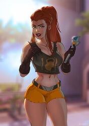 1girls 2d abs breasts brigitte brigitte_lindholm brown_hair cleavage evasolo female female_only lipstick midriff muscle muscular_female overwatch ponytail short_shorts shorts smile solo stomach tank_top