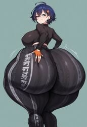 1girls ai_generated ass_bigger_than_head ass_bigger_than_torso belle_(zenless_zone_zero) enormous_ass fat_ass flare_pants forbidden_pants huge_breasts hyper hyper_ass looking_back lovermam short_hair sinking_grip smile solo_female tagme thick_thighs zenless_zone_zero