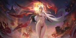 athletic athletic_female belly_button big_breasts breasts curvy_figure hi_res highres irelia_xan league_of_legends mythmaker_irelia mythmaker_series nude nude_female open_eyes pussy richtofen thick_thighs wallpaper white_hair