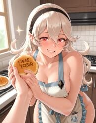 1boy 1boy1girl 1girl1boy 1girls 2025 2025s 2d ai_generated ai_text apron apron_only black_hairband blush corrin_(fire_emblem) corrin_(fire_emblem)_(female) cute english_text faceless_male female fire_emblem fire_emblem_fates hair_between_eyes hairband happy intelligent_systems kitchen light-skinned_female light-skinned_male light_skin long_hair love male_pov nai_diffusion nintendo no_sex pancake pointy_ears red_eyes silver_hair smile stable_diffusion video_game_character white_hair