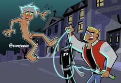 2boys accurate_art_style assisted_exposure balls blonde_hair blue_eyes blush danny_fenton danny_phantom dash_baxter djunderground123 embarrassed_nude_male fishing_rod ghost green_eyes male male_only nipples on_model penis white_hair