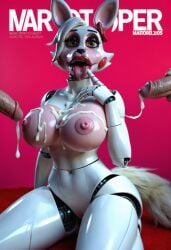 ahe_gao ai_generated animatronic anthro big_breasts breasts bukkake canid canine clothing cum_on_breasts curvaceous curvy_figure five_nights_at_freddy's five_nights_at_freddy's_2 fox fox_tail furry machine magazine_cover mammal mangle_(disembowell) mangle_(fnaf) pink_background simple_background thick_lips tongue_out vlrgromns voluptuous