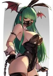 1girl 1girls ap_cammy ass big_breasts breasts bunny_ears bunnysuit chains darkstalkers female green_eyes green_hair horn large_breasts looking_at_viewer masked_female morrigan_aensland succubus thighs