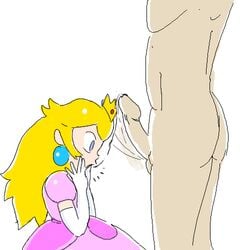 1boy 1girls alcnx ass blonde_hair blue_eyes butt clothed_female_nude_male clothing color crown dress earrings elbow_gloves faceless_male female fully_clothed human long_hair male mario_(series) nintendo nude open_mouth penis penis_awe princess_peach side_view standing straight straight_hair thighs