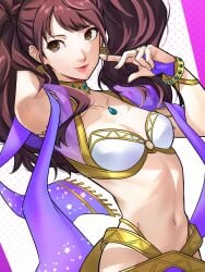 1girls arabian_clothes belly belly_button brown_eyes brown_hair dancer_outfit dancing earrings fair_skin gold_earrings gold_jewelry gold_trim kujikawa_rise navel necklace persona persona_4 skimpy skimpy_clothes small_breasts twintails wanderstillart