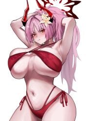 absurdres armpits bikini blue_archive breasts commentary_request demon_horns earrings fukai_ame gradient_halo halo highres hoop_earrings horns jewelry large_breasts long_hair mole mole_on_breast multi-strapped_bikini_bottom multicolored_halo multicolored_horns navel official_alternate_hairstyle orange_eyes pink_hair red_bikini red_halo red_horns satsuki_(blue_archive) satsuki_(swimsuit)_(blue_archive) side-tie_bikini_bottom simple_background swimsuit two-tone_horns white_background