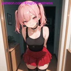 ai_generated black_shirt crop_top cute grin king_great medium_breasts oc pink_hair red_skirt short_hair skirt thick_thighs thighhighs