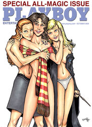 3girls belly blonde_hair blue_eyes brown_eyes brown_hair brunette cameltoe covered_nipples covering covering_breasts covering_crotch fantasy female female_only freckles ginger_hair ginny_weasley green_eyes happy harry_potter hermione_granger holding_object holding_wand holding_weapon hugging hugging_from_behind lipstick long_hair looking_at_viewer luna_lovegood magazine magazine_cover magic_wand naked navel nude open_clothes orange_hair pink_lipstick playboy playboy_magazine pose posing red_lipstick redhead robe scarf scarf_only shirtless simple_background skirt skirt_only smile smiling smiling_at_viewer standing stomach tcatt teeth topless underwear wand white_background witch yellow_hair yuri