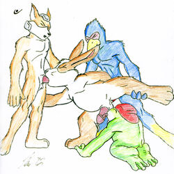 2002 anthro buggery color cth falco_lombardi fellatio fox fox_mccloud fur furry furry_only interspecies kneeling licking male male_only multiple_males nintendo no_humans oral oral_sex peppy_hare pheasant rabbit slippy_toad standing star_fox toad yaoi