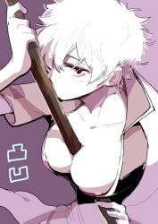 big_breasts cleavage female female_only fully_clothed genderswap_(mtf) gintama gintoki_sakata looking_at_viewer miyanojun monochrome object_between_breasts purple_background purple_theme red_eyes rule_63 short_hair solo very_short_hair