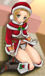 blue_eyes blush boots cameltoe capelet christmas cloritin female female_only final_fantasy final_fantasy_xi hat human hume panties santa_costume santa_hat short_hair sitting solo underwear