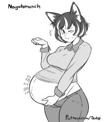 1girls bakemonogatari big_belly big_breasts bloated_belly blush cat_ears catgirl clothed clothing female female_only hanekawa_tsubasa monochrome monogatari_(series) navel outie_navel pregnant purple_eyes striped_hair thick_thighs tsukiji wink