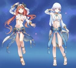 2girls :) aqua_hair ass_visible_through_thighs bare_shoulders belly big_breasts blue_eyes breasts cleavage dancer dancer_outfit dancing detached_sleeves eyelashes female female_only full_body genshin_impact hair_accessory hair_down hair_jewelry highres hips kamisato_ayaka knee_up knees_together_feet_apart legs light-skinned_female light_skin long_hair looking_at_viewer mole mole_under_eye navel nilou_(genshin_impact) noshiro_tomoya one_leg_raised posing red_hair revealing_clothes sandals sleeves smile smiling smiling_at_viewer standing stomach thighs topwear turquoise_eyes twintails veil very_long_hair waist